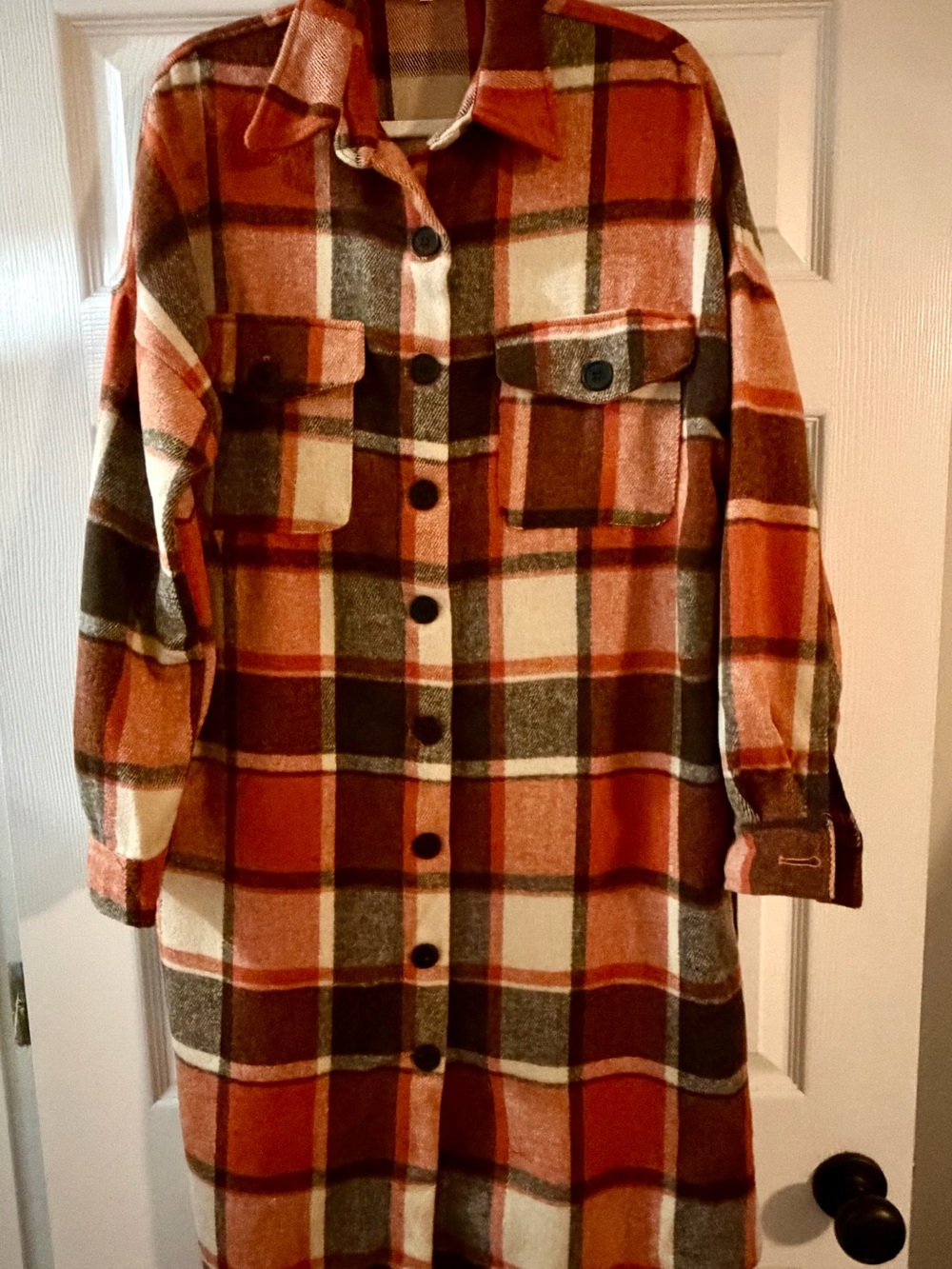Plaid Button-Front Teddy Shacket in Orange and Cream
